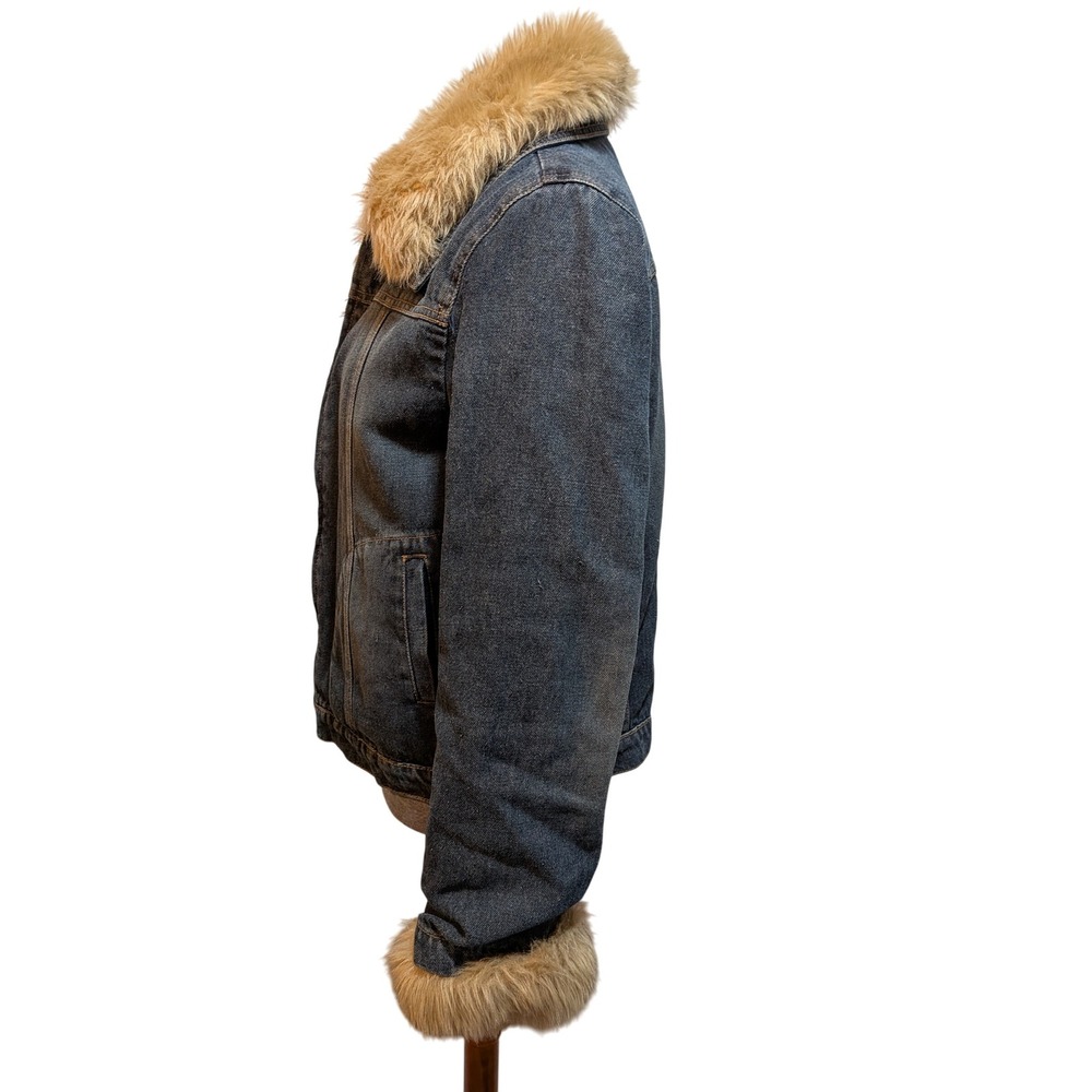 Boho Western Cowgirl Y2K Penny Lane Denim Faux Fur Lined M Trucker Zip Jacket - Picture 5 of 13